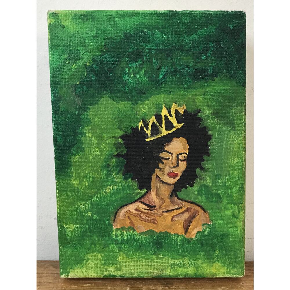 Small Outsider Art Queen Crown Woman Afro Canvas Green Amateur Painting 7" x 5"